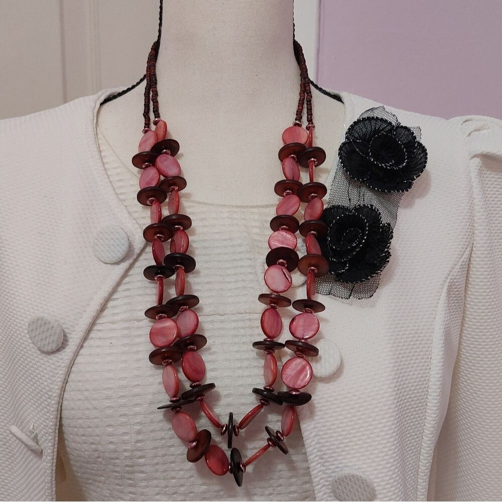 MOP Shell and Wood Beads Two Strands Long Necklace Statement